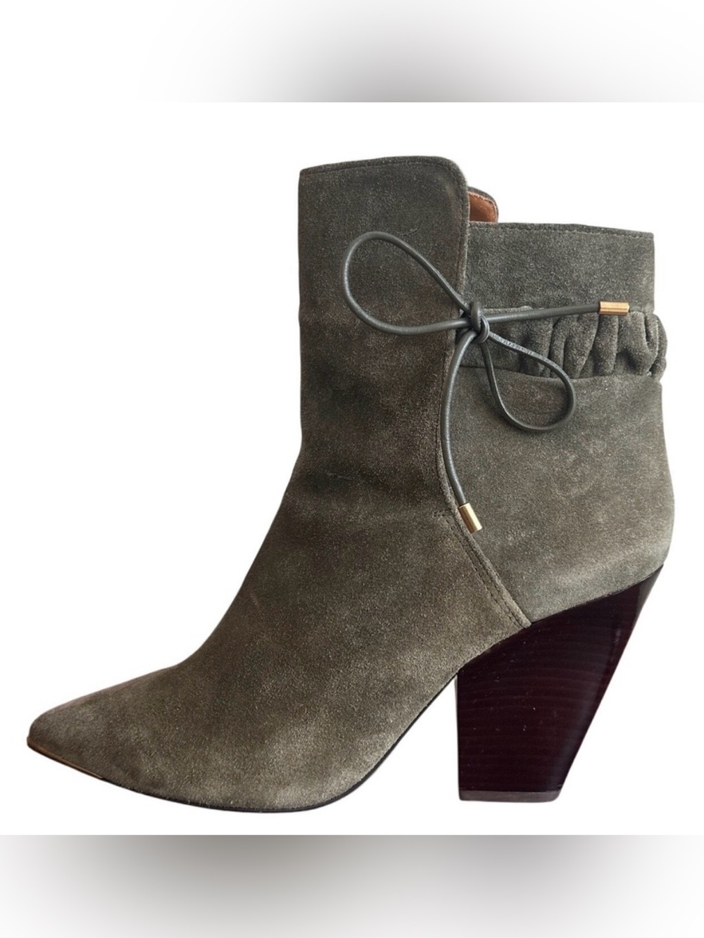 Tory Burch Lila Olive Suede Ruched Pointed Toe Booties Size 10.5